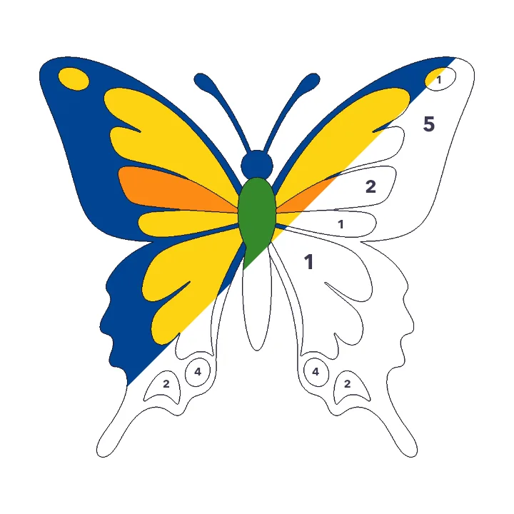 Swallowtail Butterfly color by number page, half colored to show the finished picture