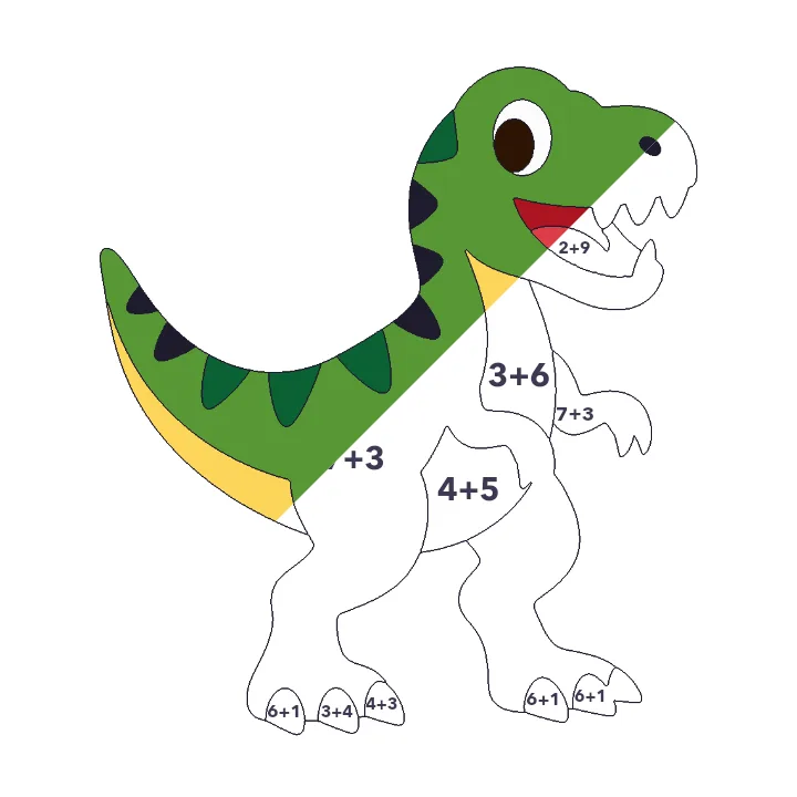 T-Rex addition color by number page, half colored to show the finished picture