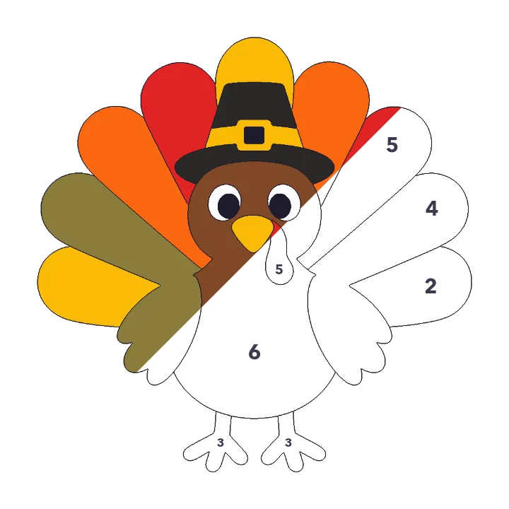 Thanksgiving Turkey color by number page, half colored to show the finished picture