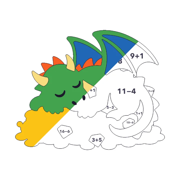 Dragon and Treasure addition & subtraction color by number page, half colored to show the finished picture