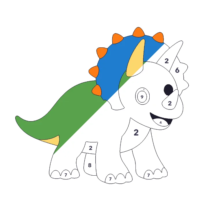 Triceratops color by number page, half colored to show the finished picture