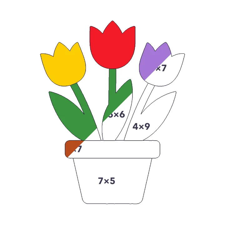 Tulips in a Pot multiplication color by number page, half colored to show the finished picture