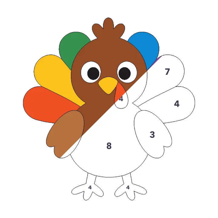 Baby Turkey color by number page, half colored to show the finished picture