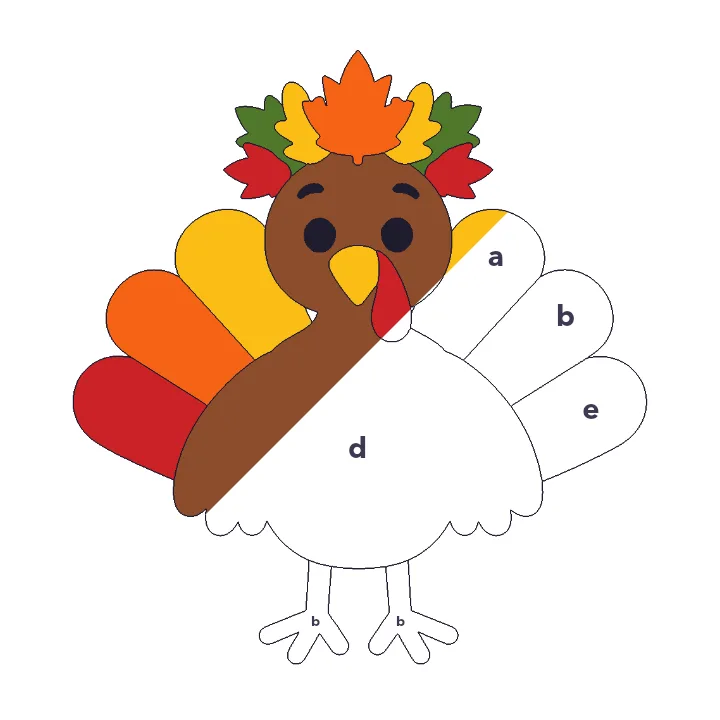 Turkey with a Leaf Crown color by letter color by number page, half colored to show the finished picture
