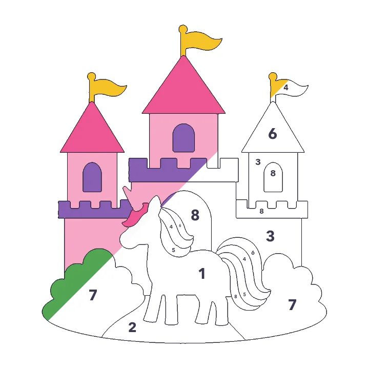 Unicorn Castle color by number page, half colored to show the finished picture