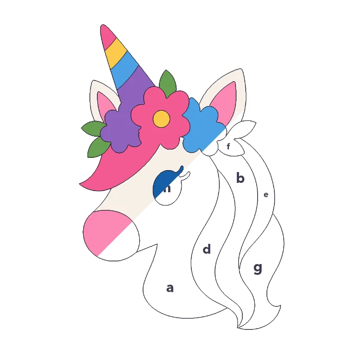 Unicorn with Flowers color by letter color by number page, half colored to show the finished picture