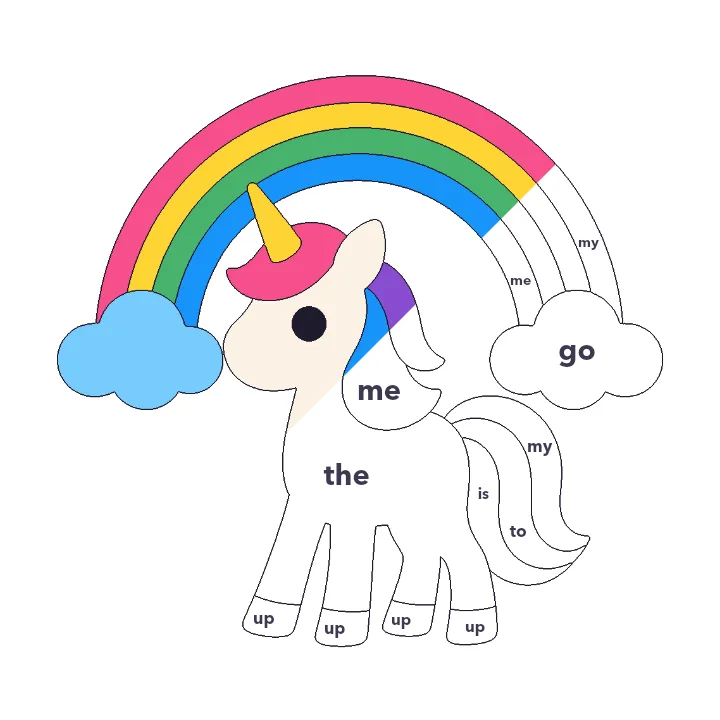 Unicorn and Rainbow sight words color by number page, half colored to show the finished picture