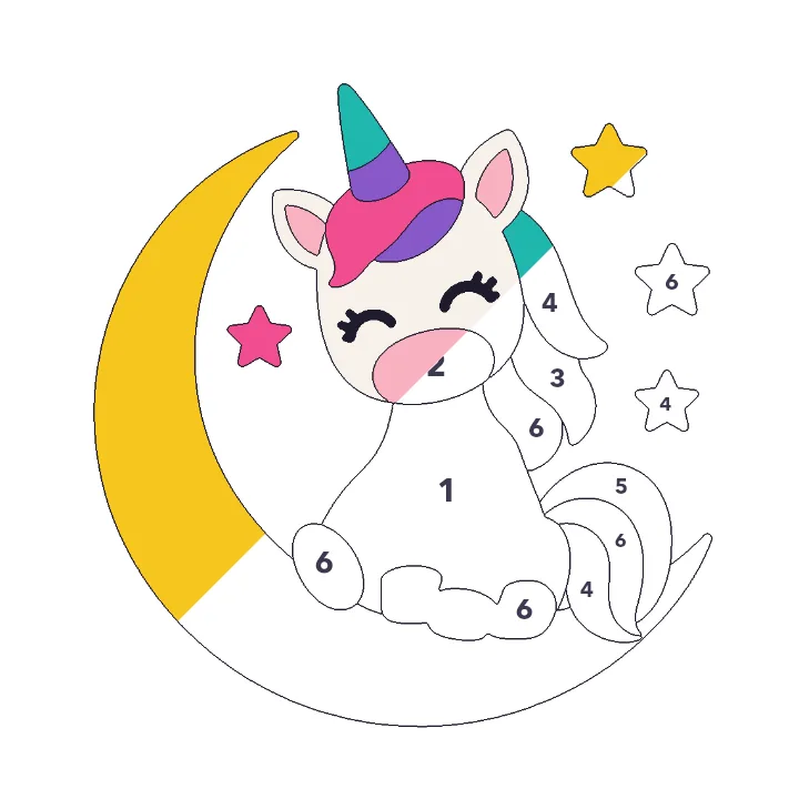 Unicorn and Moon color by number page, half colored to show the finished picture