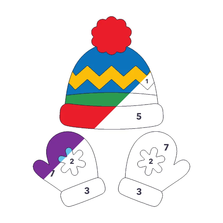 Hat and Mittens color by number page, half colored to show the finished picture