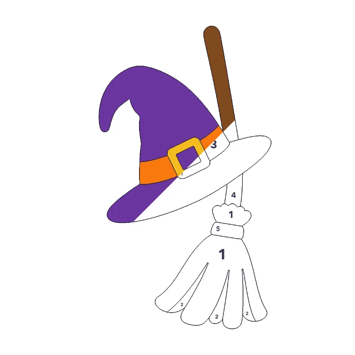 Witch Hat and Broom color by number page, half colored to show the finished picture