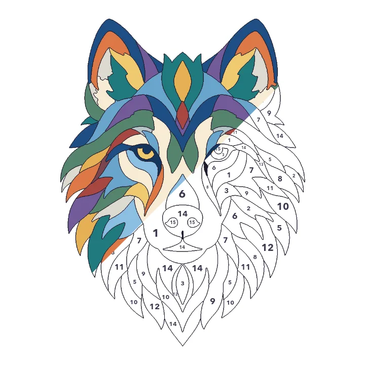 Wolf color by number page, half colored to show the finished picture