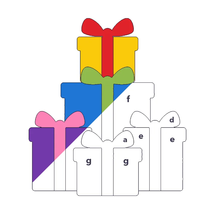 Wrapped Presents color by letter color by number page, half colored to show the finished picture