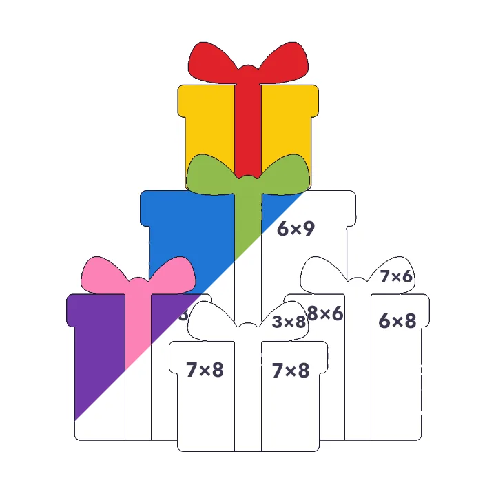 Wrapped Presents multiplication color by number page, half colored to show the finished picture